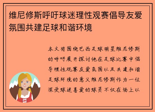 维尼修斯呼吁球迷理性观赛倡导友爱氛围共建足球和谐环境