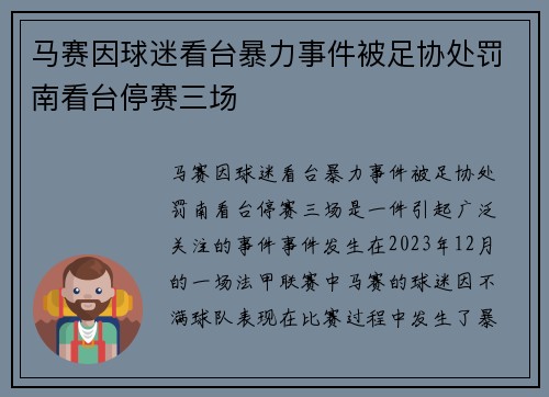 马赛因球迷看台暴力事件被足协处罚南看台停赛三场 马赛因球迷看台暴力事件被足协处罚南看台停赛三场
